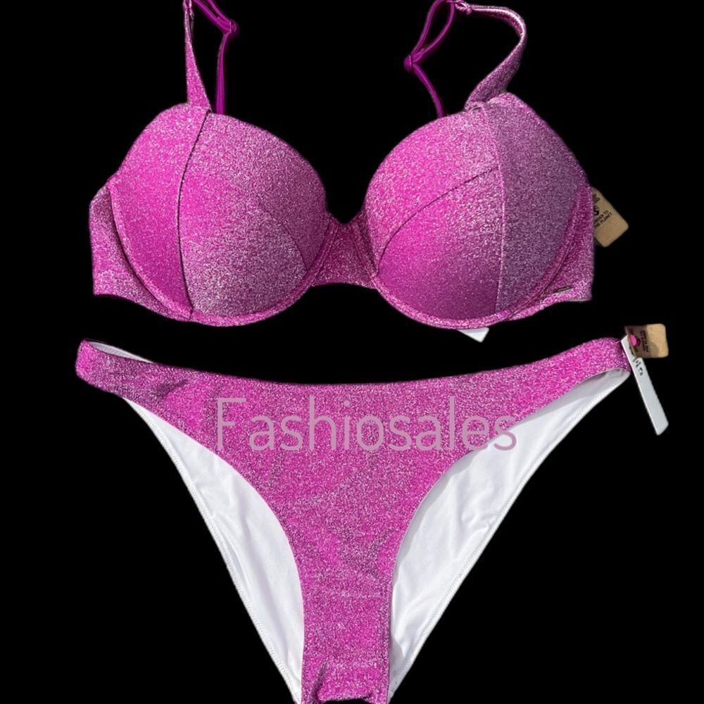 Victorias Secret Swim Shimmer Push up Padded Bikini top & Bottom Set magenta XL
